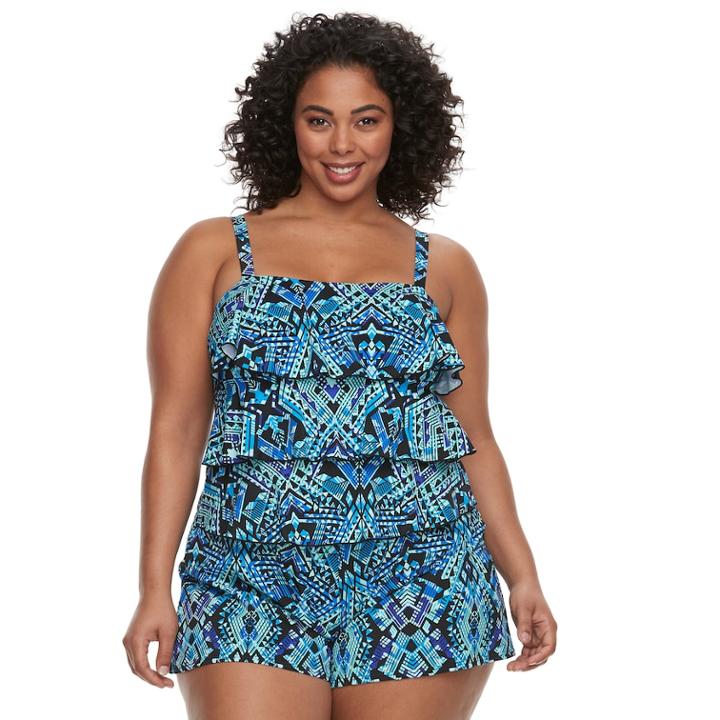 Plus Size A Shore Fit Hip Minimizer Tiered Swim Romper, Women's, Size: 20 W, Blue