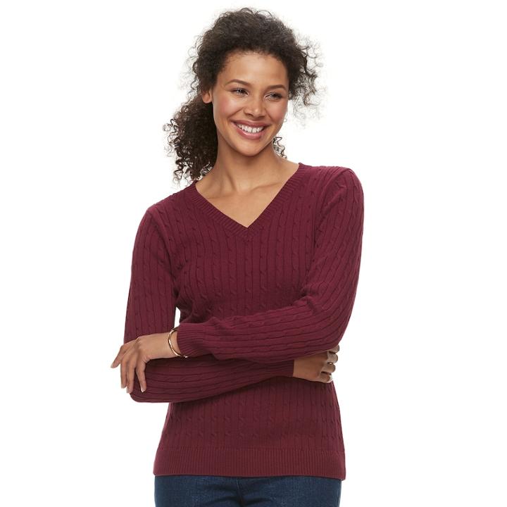 Women's Croft & Barrow&reg; Essential Cable Knit V-neck Sweater, Size: Xl, Dark Red