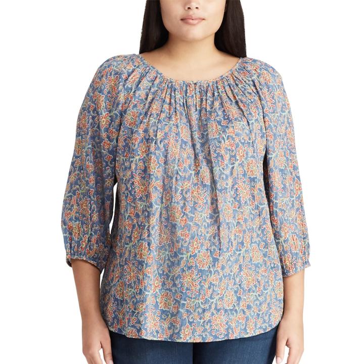 Plus Size Chaps Shirred Floral Top, Women's, Size: 1xl, Blue