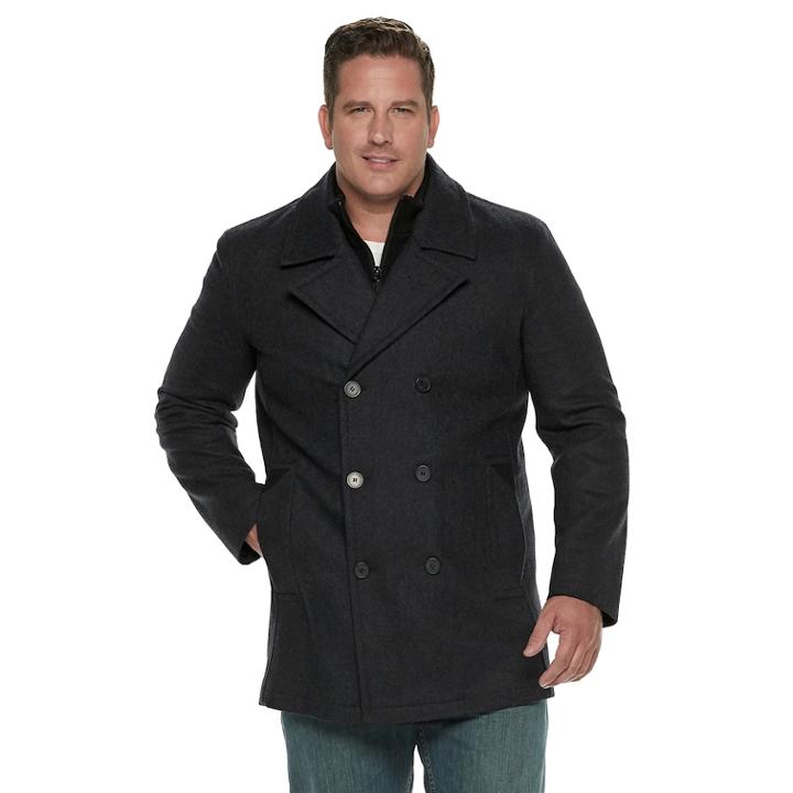 Men's Andrew Marc Wool-blend Double-breasted Bibbed Peacoat, Size: L Tall, Dark Grey