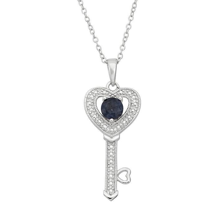Blue Sapphire Sterling Silver Heart Key Pendant Necklace, Women's, Size: 18