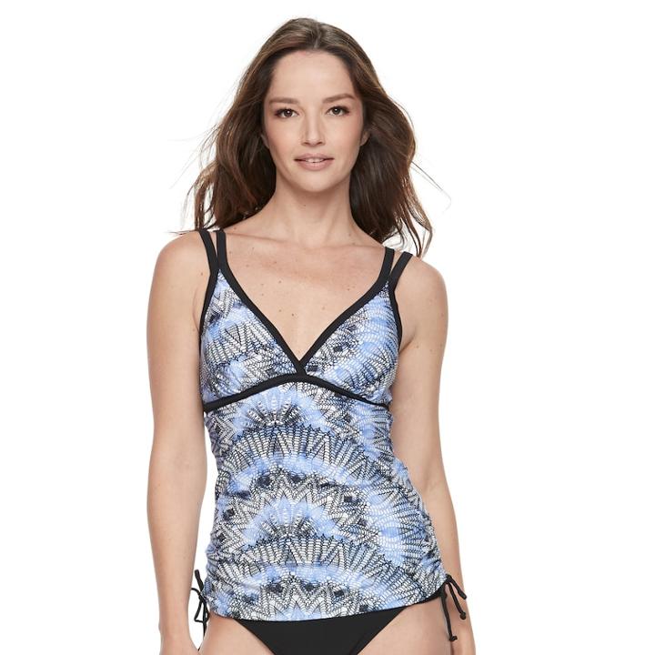 Women's Free Country Printed Double Strap Tankini Top, Size: Xl, Med Blue