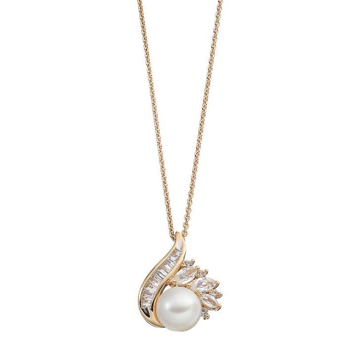 14k Gold Over Silver Freshwater Cultured Pearl & Lab-created White Sapphire Pendant, Women's, Size: 18