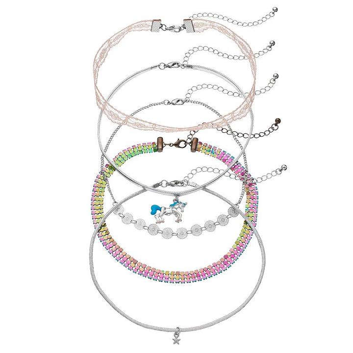 Mudd&reg; Star, Unicorn, Lace & Rainbow Choker Necklace Set, Women's, Silver