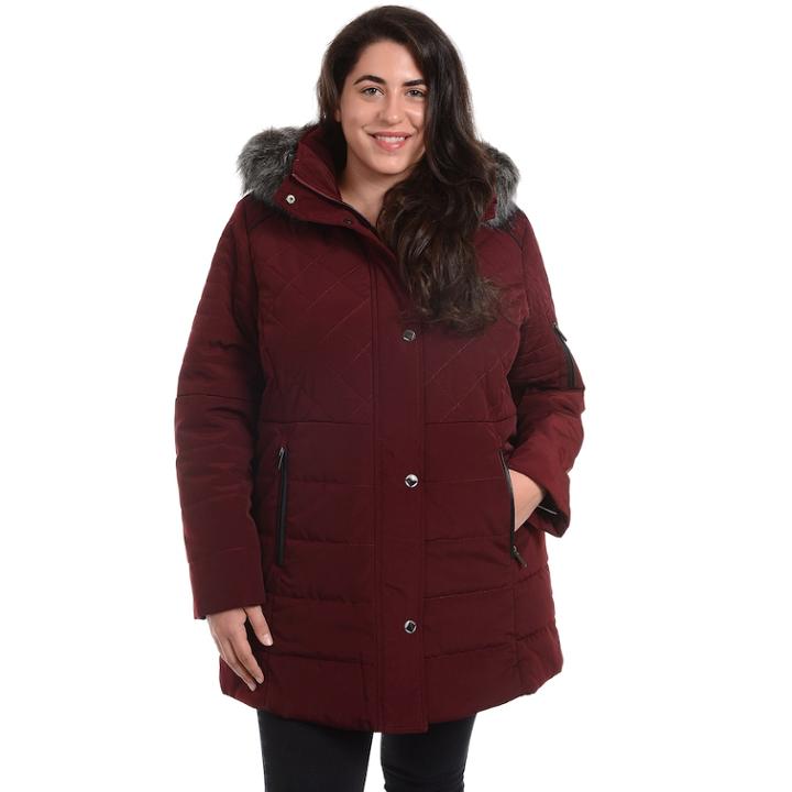 Plus Size Fleet Street Quilted Faux Silk Hooded Jacket, Women's, Size: 3xl, Merlot