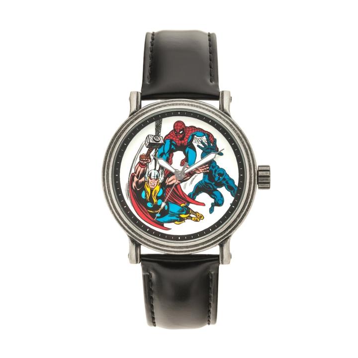 Marvel Comics Spider-man, Thor & Black Panther Men's Leather Watch, Size: Large