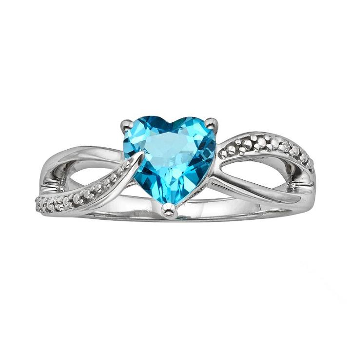 Sterling Silver Blue Topaz And Diamond Accent Heart Bypass Ring, Women's, Size: 9