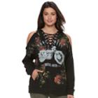 Women's Rock & Republic&reg; Lace-up Cold-shoulder Graphic Hoodie, Size: Small, Black