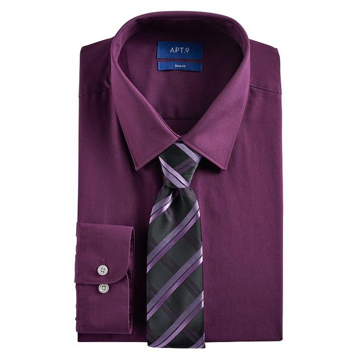 Men's Apt. 9&reg; Slim-fit Stretch Spread-collar Dress Shirt & Tie Set, Size: M-34/35, Purple
