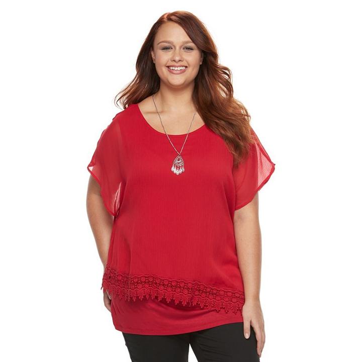Plus Size Ab Studio Crochet High-low Top, Women's, Size: 3xl, Red