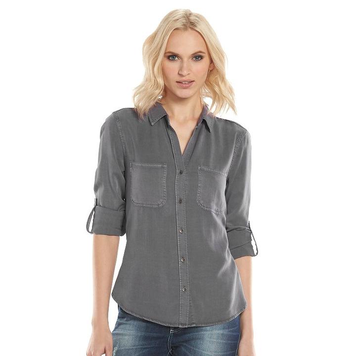 Women's Rock & Republic® Roll-tab Twill Shirt, Size: Xl, Med Grey
