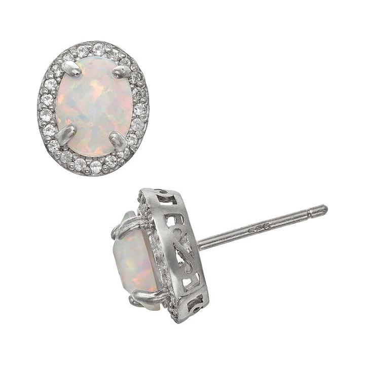Sterling Silver Lab-created Opal And Lab-created White Sapphire Halo Stud Earrings, Women's, Multicolor