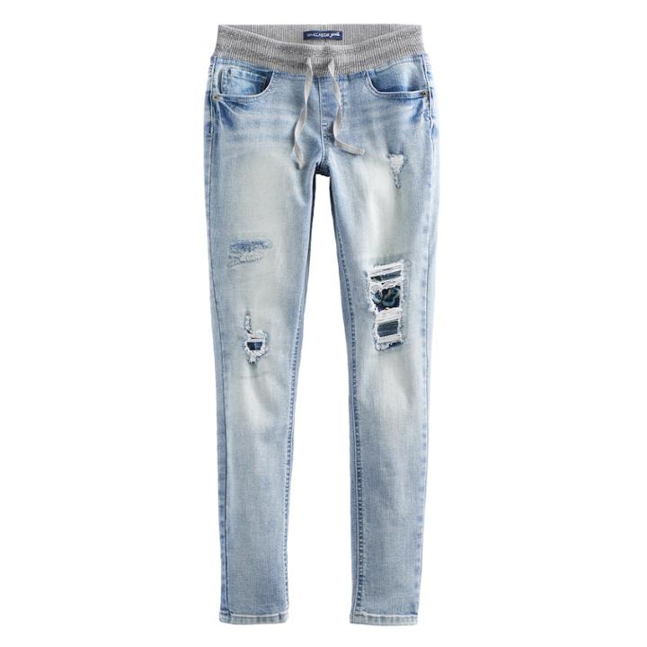 Girls 7-16 Vanilla Star Lurex Ribbed Waist Destructed Jeans, Size: 10, Light Blue