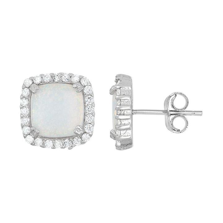 Lab-created Opal & Cubic Zirconia Sterling Silver Square Halo Stud Earrings, Women's, White