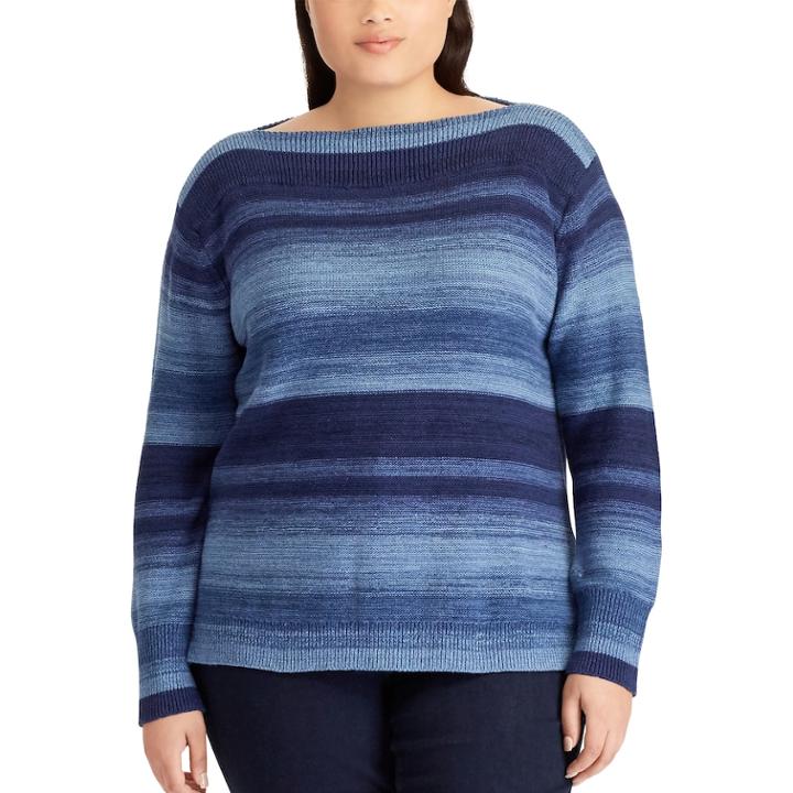 Plus Size Chaps Striped Linen-blend Boatneck Sweater, Women's, Size: 3xl, Blue (navy)