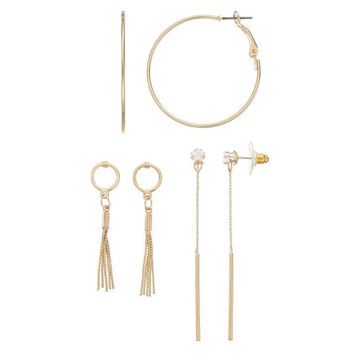 Star Simulated Crystal Stick, Tassel & Hoop Earring Set, Women's, Gold