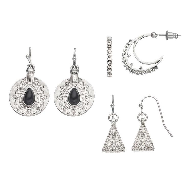 Mudd&reg; Triangle, Disc Drop & J Hoop Earring Set, Women's, Black