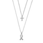 Silver-plated Cubic Zirconia Cross & Ribbon Pendant Necklace Set, Women's, White