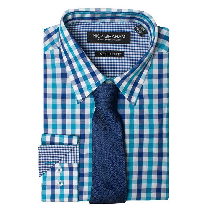 Men's Nick Dunn Modern-fit Patterned Easy-care Spread-collar Dress Shirt & Tie Set, Size: L-32/33, Light Blue