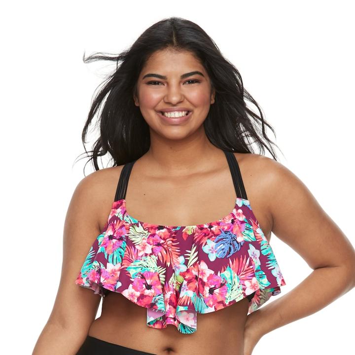 Plus Size Mix And Match Tropical Flounce Bikini Top, Teens, Size: 0x, Tropical Punch
