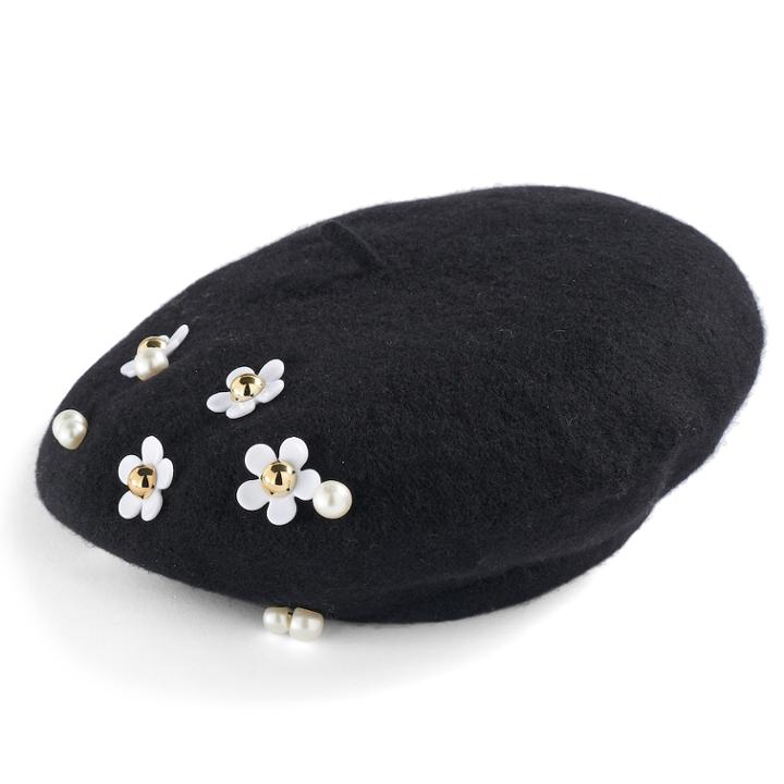 Women's David & Young Studded Daisy Wool Beret, Black
