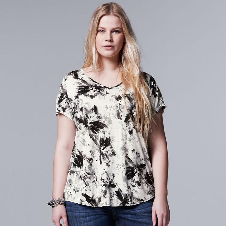 Plus Size Simply Vera Vera Wang Printed Rounded-hem Tee, Women's, Size: 1xl, White