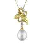 Laura Ashley 10k Gold Freshwater Cultured Pearl & 1/10 Carat T.w. Diamond Leaf Pendant, Women's, Size: 17, White