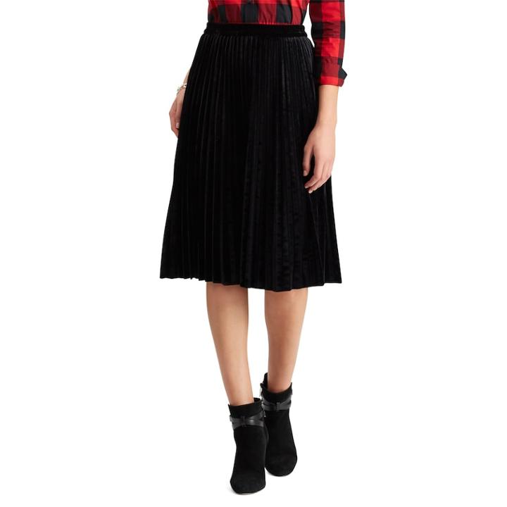 Chaps Women's Metallic Faux-suede Pleated Midi Skirt, Size: Xs, Black