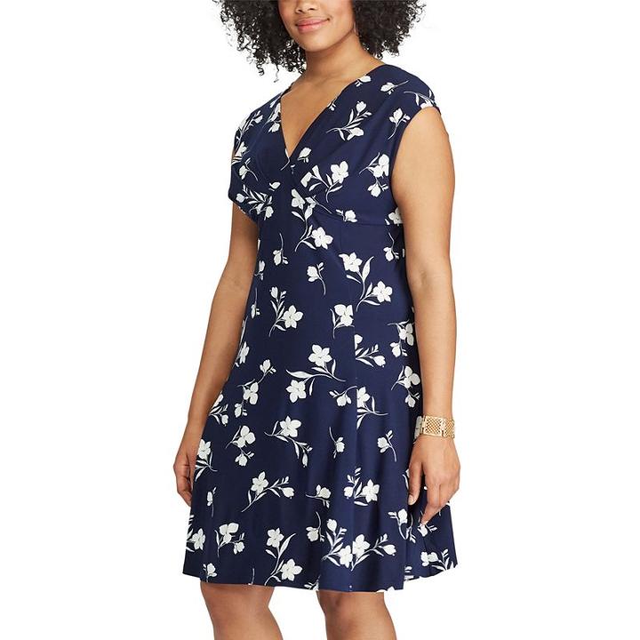 Plus Size Chaps Floral Surplice Empire Dress, Women's, Size: 20 W, Blue (navy)