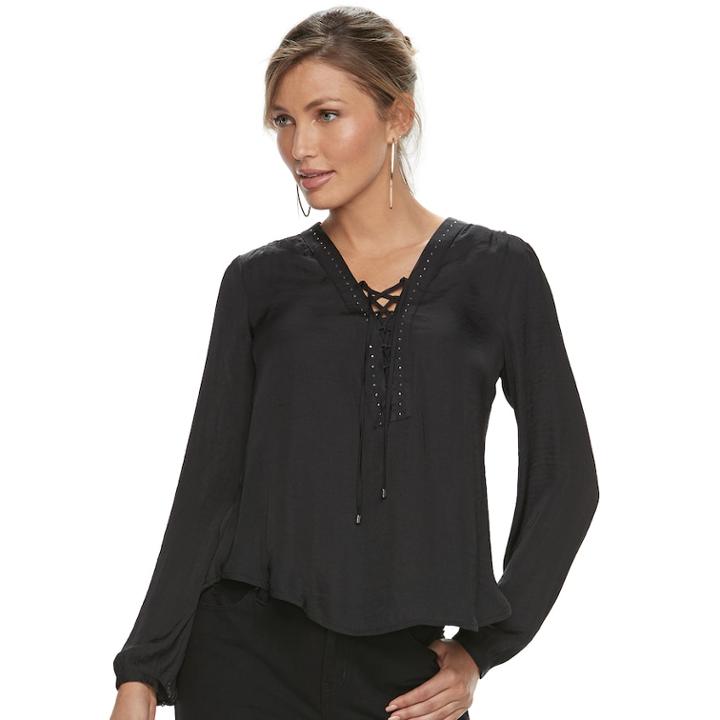 Women's Jennifer Lopez Embellished Lace-up Blouse, Size: Medium, Black