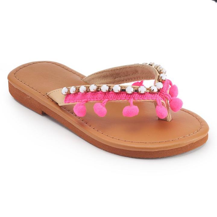 Girls 4-16 Pom Pom & Rhinestone Flip Flops, Girl's, Size: 12/13, Med Pink