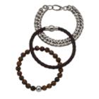 Men's Stainless Steel Lab-created Tiger's-eye Beaded, Leather & Curb Chain Bracelet Set, Size: 8, Brown
