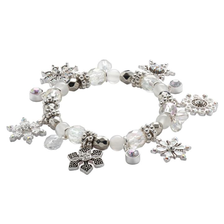 Silver Tone Simulated Crystal Snowflake Charm And Bead Stretch Bracelet, Women's, Multicolor