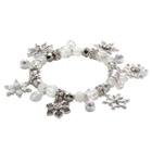 Silver Tone Simulated Crystal Snowflake Charm And Bead Stretch Bracelet, Women's, Multicolor