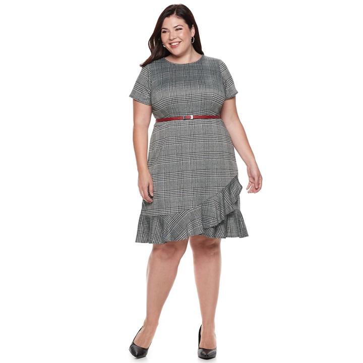 Plus Size Suite 7 Belted Plaid Short Sleeve Dress, Women's, Size: 22 W, White And Black