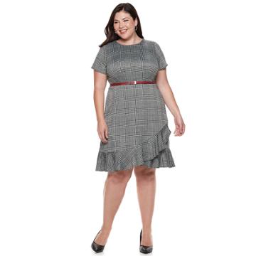 Plus Size Suite 7 Belted Plaid Short Sleeve Dress, Women's, Size: 22 W, White And Black