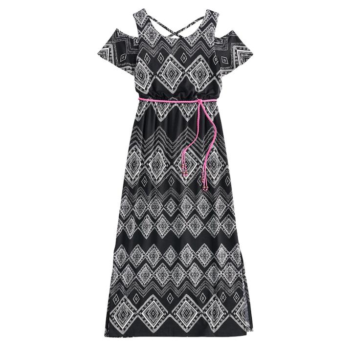Girls 7-16 Three Pink Hearts Cold Shoulder Cross Back Belted Maxi Dress, Size: 14, Black