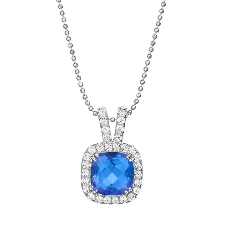 Rebecca Sloane Blue Obsidian & Cubic Zirconia Platinum Over Silver Cushion Halo Pendant Necklace, Women's, Size: 17