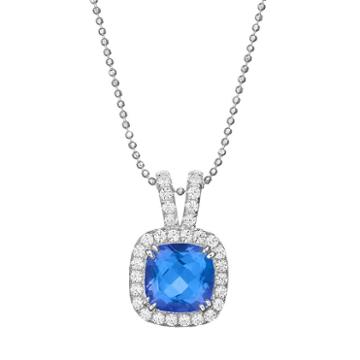 Rebecca Sloane Blue Obsidian & Cubic Zirconia Platinum Over Silver Cushion Halo Pendant Necklace, Women's, Size: 17