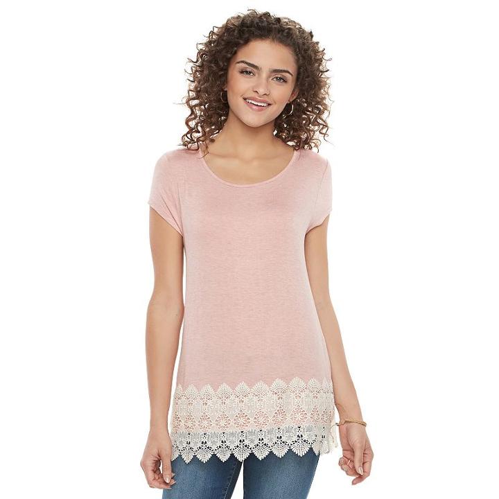 Juniors' Rewind Crochet Scalloped Tee, Girl's, Size: Xs, Brt Pink