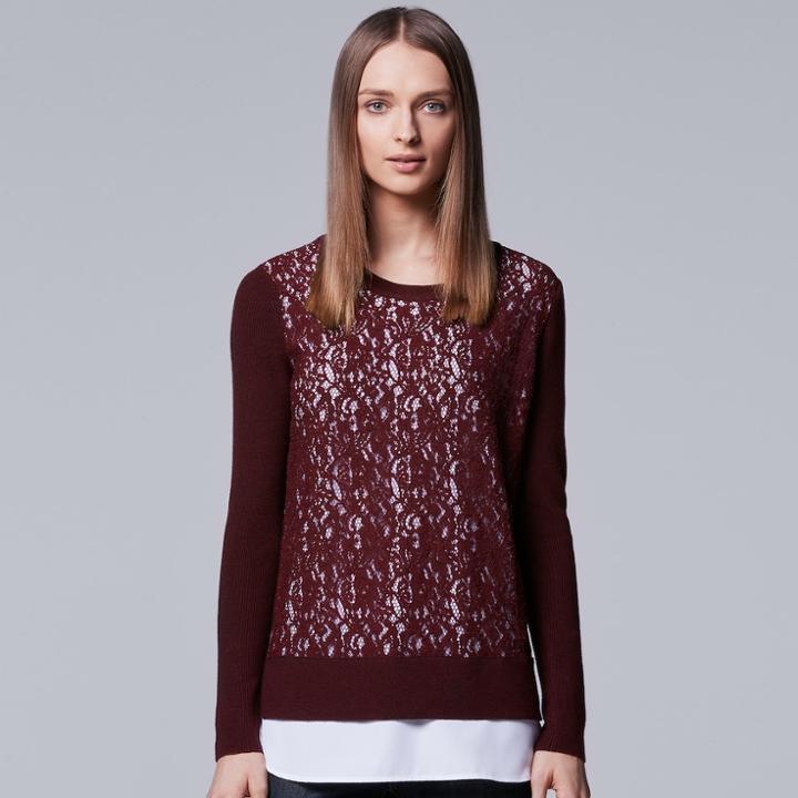 Women's Simply Vera Vera Wang Mock-layer Lace Sweater, Size: Large, Dark Red