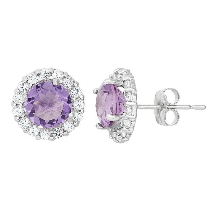 Amethyst & White Topaz 10k White Gold Halo Stud Earrings, Women's, Purple