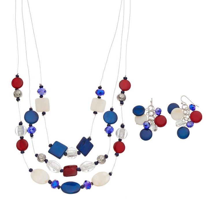 Red, White & Blue Beaded Multi Strand Necklace & Drop Earring Set, Women's, Multicolor