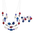 Red, White & Blue Beaded Multi Strand Necklace & Drop Earring Set, Women's, Multicolor