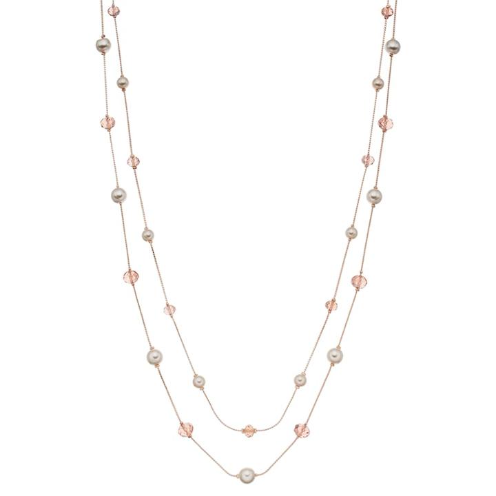 Rose Gold Tone Simulated Pearl Double Strand Long Necklace, Women's, Pink