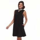 Women's Nina Leonard Embellished Mockneck Trapeze Dress, Size: Large, Black