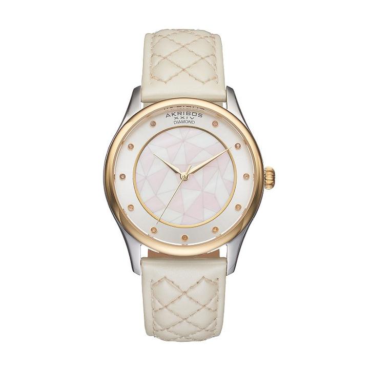 Akribos Xxiv Women's Ornate Diamond Leather Watch, White