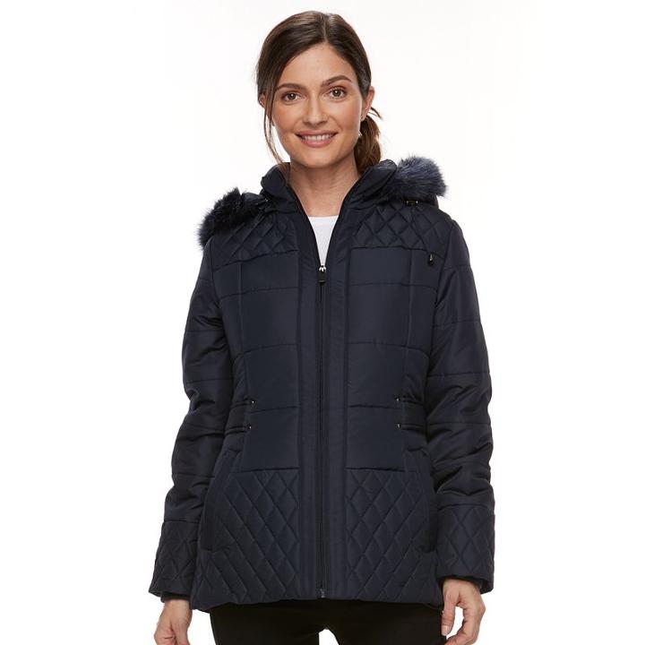 Women's Details Faux-fur Trim Quilted Jacket, Size: Medium, Blue