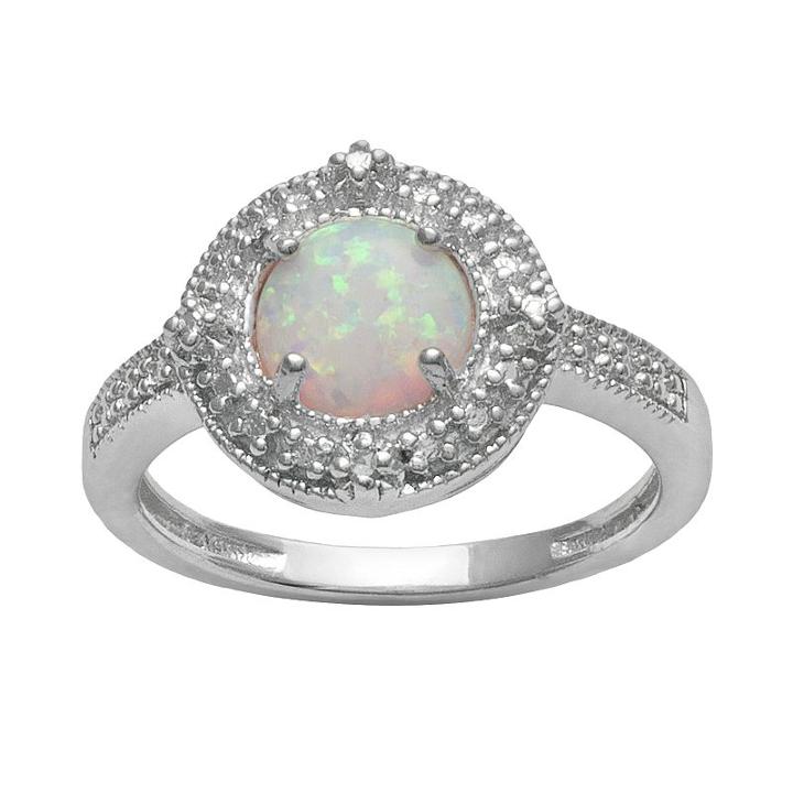 Sterling Silver Lab-created Opal And Diamond Accent Halo Ring, Women's, Size: 7, White