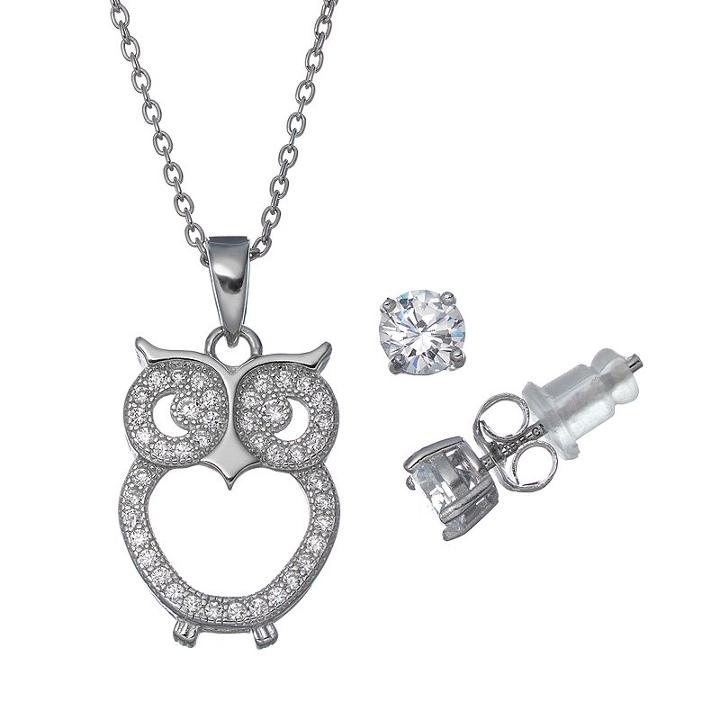 Pure 925 Cubic Zirconia Sterling Silver Owl Pendant Necklace & Stud Earring Set, Women's, Grey